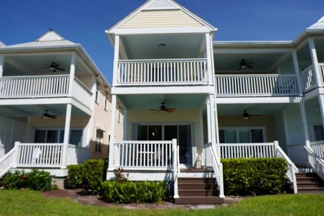 The villas at Hawks Cay Village, with balconies and steps up to each front door